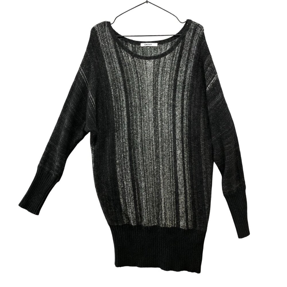 DKNY Dolman Sleeve Tunic Sweater Womens L Black Gray striped Angora Blend